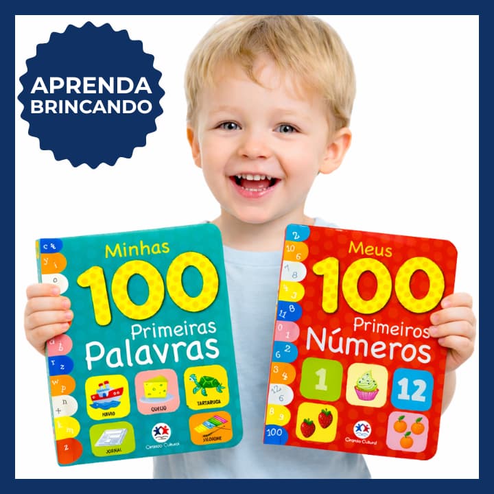 Kit 2 Livros Infantil 100 Palavras e 100 Números – Almofadado Cartonado Educativo para Alfabetização