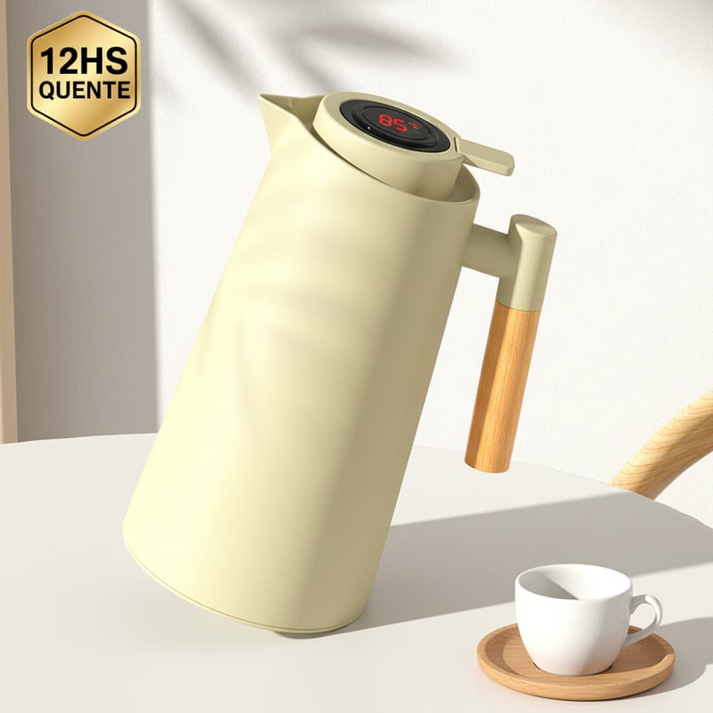 Belifou Garrafa Térmica 1 Litro Inteligente C/ Termômetro Led Para Café/Chá Design Nórdico Cabo Madeira