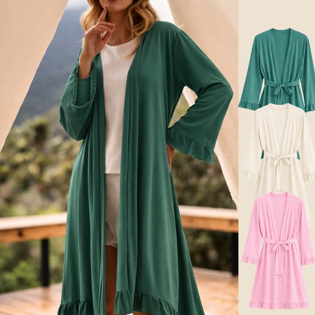 Robe Feminino Elegante com Babado na Manga e na Barra  + Faixa – Leve, Delicado e Sofisticado