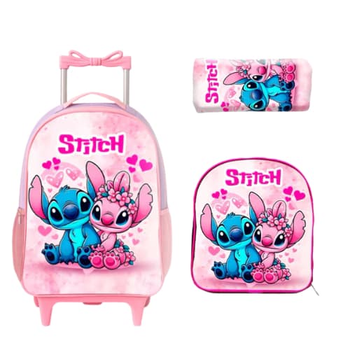 Kit Mochila Rodinhas Stitch e Angel Infantil com Lancheira Estojo Escolar Resistente Espaçosa Confortável ou sem rodinha
