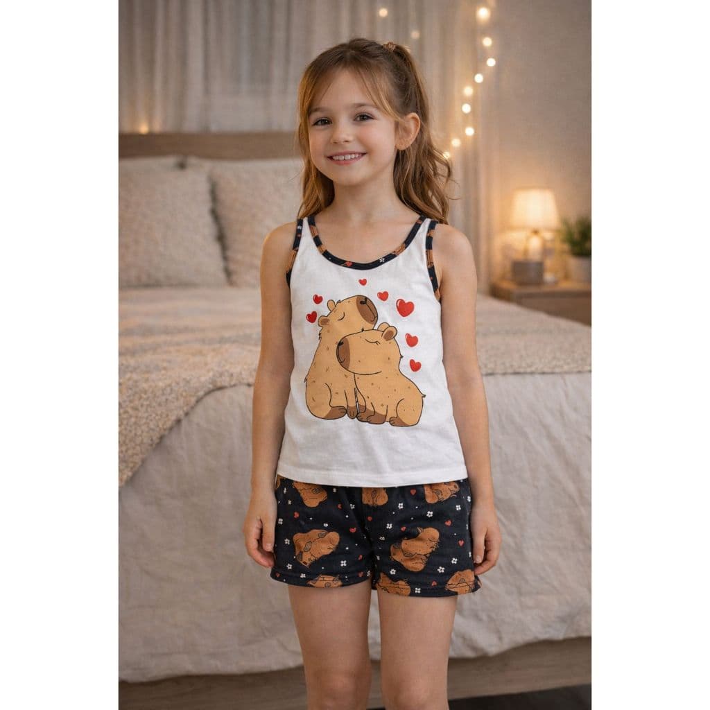 Pijama infantil feminino baby doll short doll roupa de dormir de menina verao regata stitch capivara