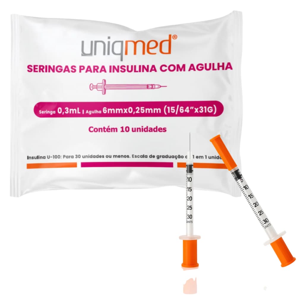 Seringa de Insulina 0,3ml Uniqmed Agulha 6mm x 0,25mm Estéril Descartável C/10