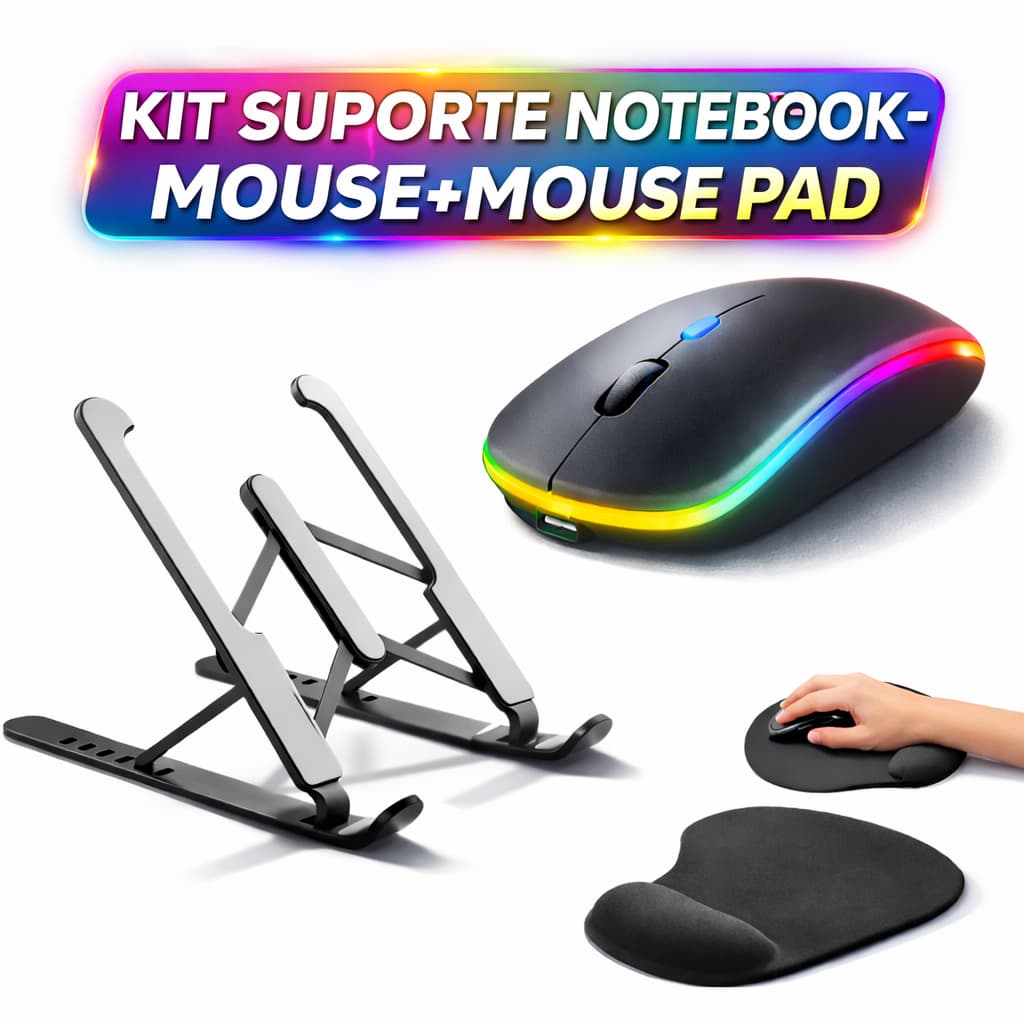 Kit Suporte de Notebook+Mouse Sem Fio+Mouse Pad Apoio Punho