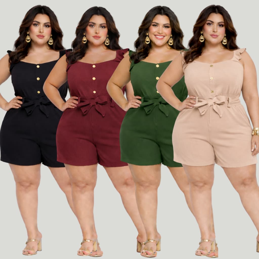 Macaquinho Plus Size Feminino Botão Cinto Confortável Luxo Lançamento Tendência Moda Blogueira Crepe