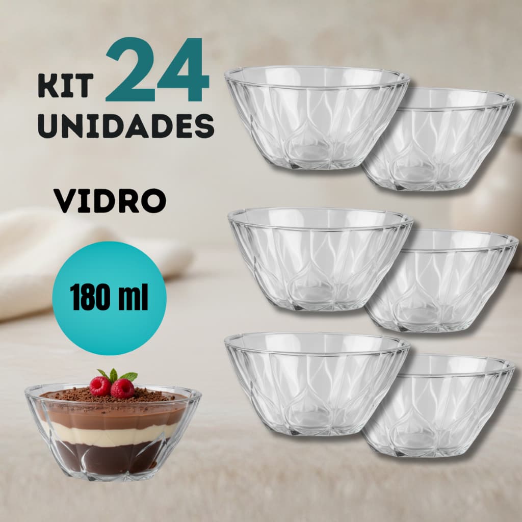 Kit Tigela Taça de Sobremesa de Vidro 180ml Bowl Grande Conjunto Jogo de Cozinha Toffe Rocks Doces