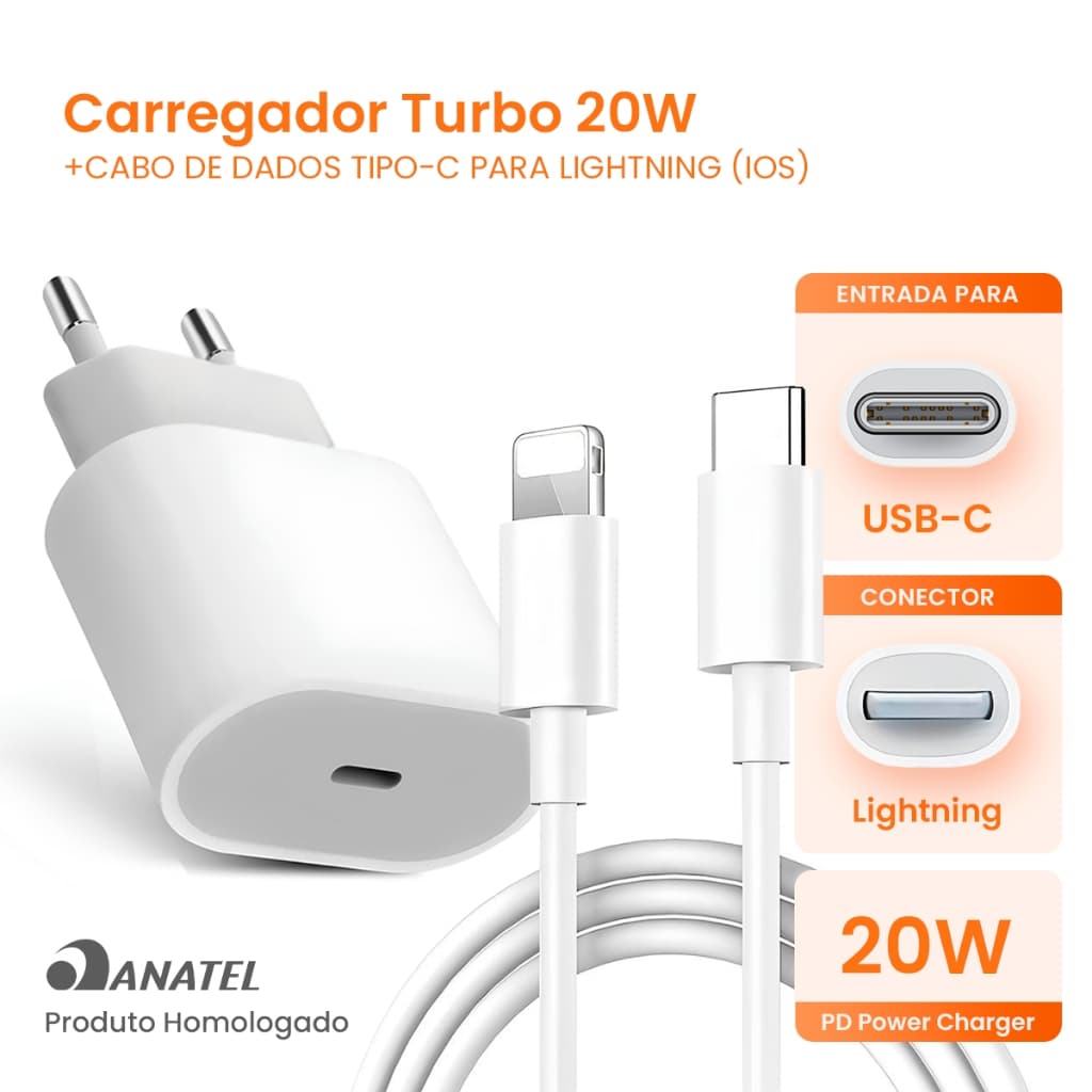Carregador + Cabo Homologado 20W USB-C Rápido p/ iPhone 8 ao 14 Pro Max
