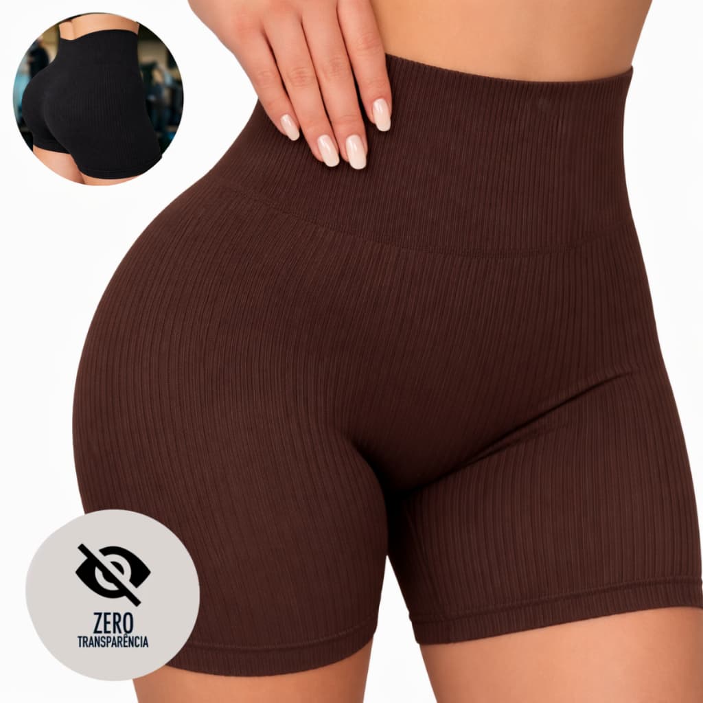 Short Feminino Cintura Alta Canelado Zero Transparência Sem Empina, Confortável Caminhada e Academia