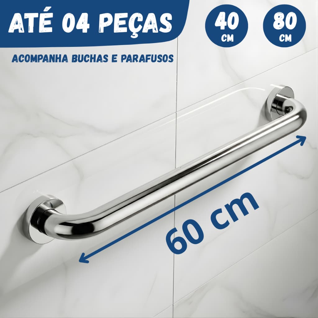 Barra Apoio 60cm 40cm Antiqueda Inox Banheiro Escada Corrimão Acessibilidade Suporte Idosos Alça PCD