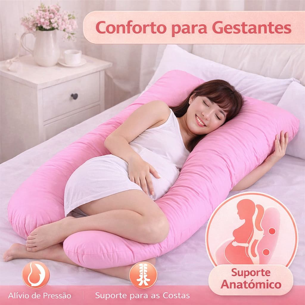 Travesseiro para Gestante em U 1,20m Almofada de Gravidez Corpo Inteiro com Fibra de Silicone