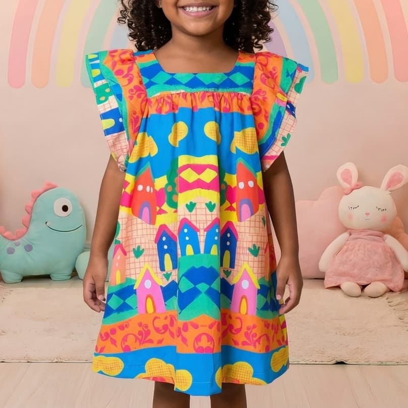 Vestido Infantil Manga Babado Laço Estampa Colorida Casual Festa Aniversário Princesa