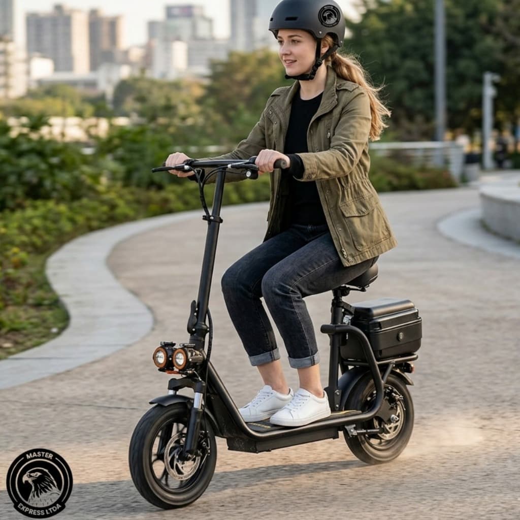 Scooter Elétrica 500W 48V com Banco, Baú Traseiro, Caixa de Som Bluetooth, LED e Freio a Disco