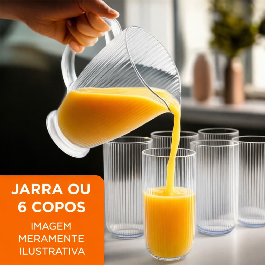 Jarra de Vidro 1,0L Canelada ou 6 Copos 420ml Canelados Vidro Resistente Suco Água Refrescos