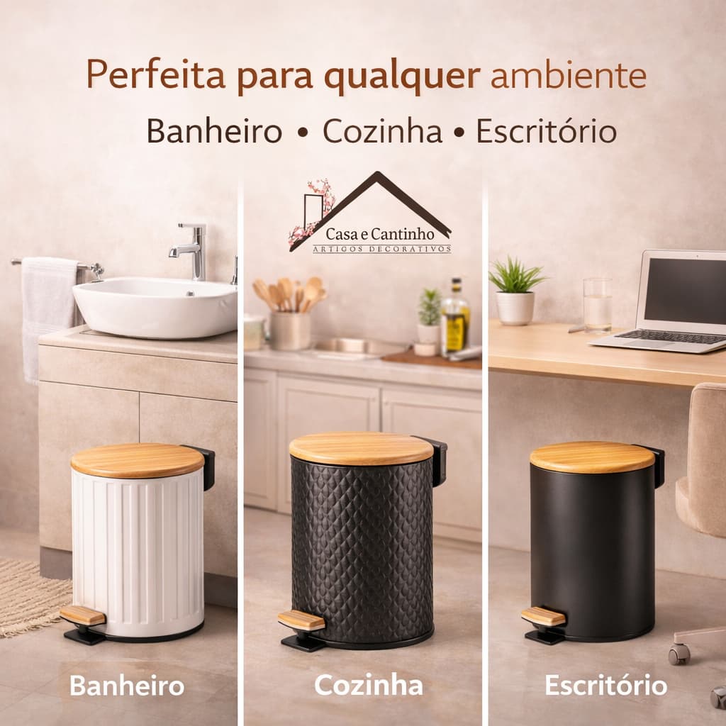 Lixeira Decorativa 5L com Tampa de Bambu Para Banheiro Escritório Cozinha Estilo Moderno