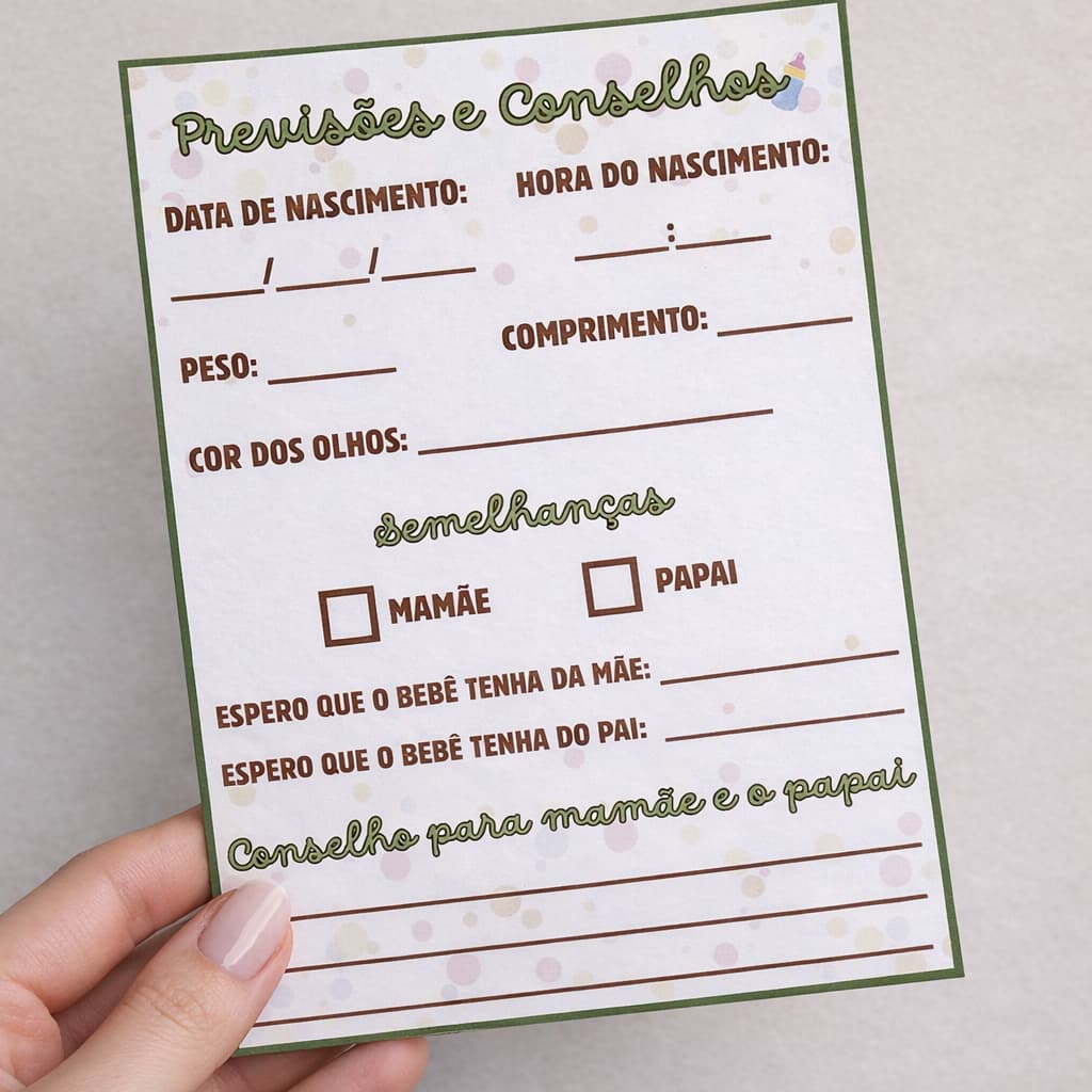 Kit 20 a 80 Cards Previsões e Conselhos para o Bebê – Chá de Bebê ou Chá Revelação – Papelaria Festa