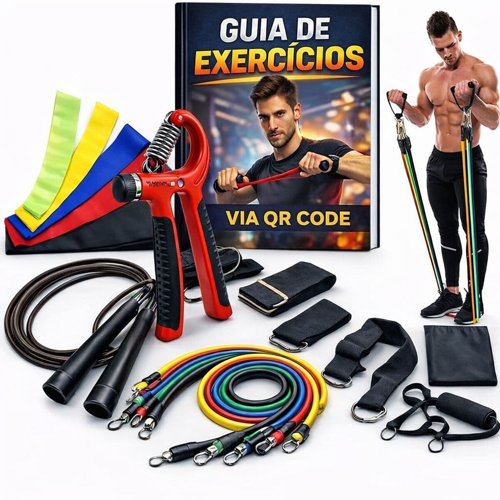Kit18 itens: 11 Elastico Exercicio + 5 Mini Band + Hand Grip + Corda