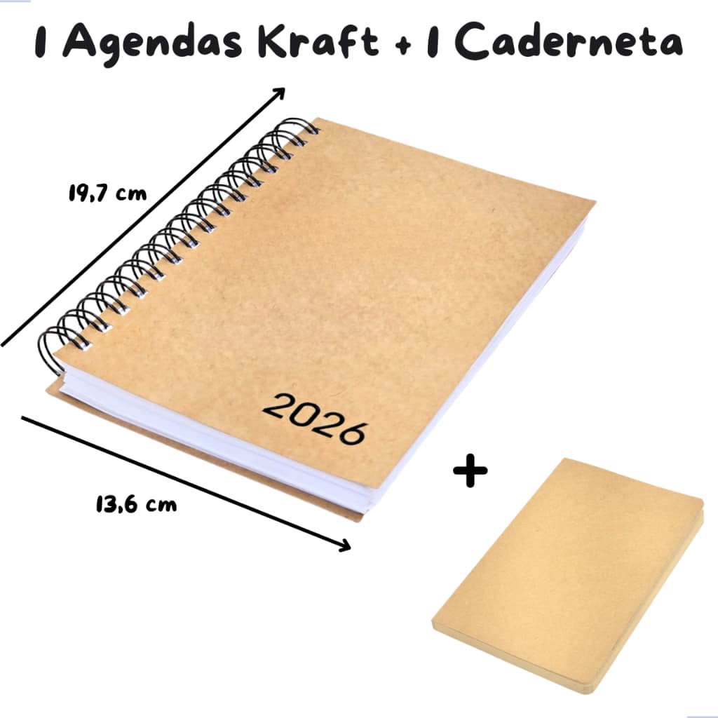 1 Agenda Diária Espiral Wire-O Executiva Capa Flex Kraft Ecológica 360pg + 1 Caderneta Kraft sem Pauta