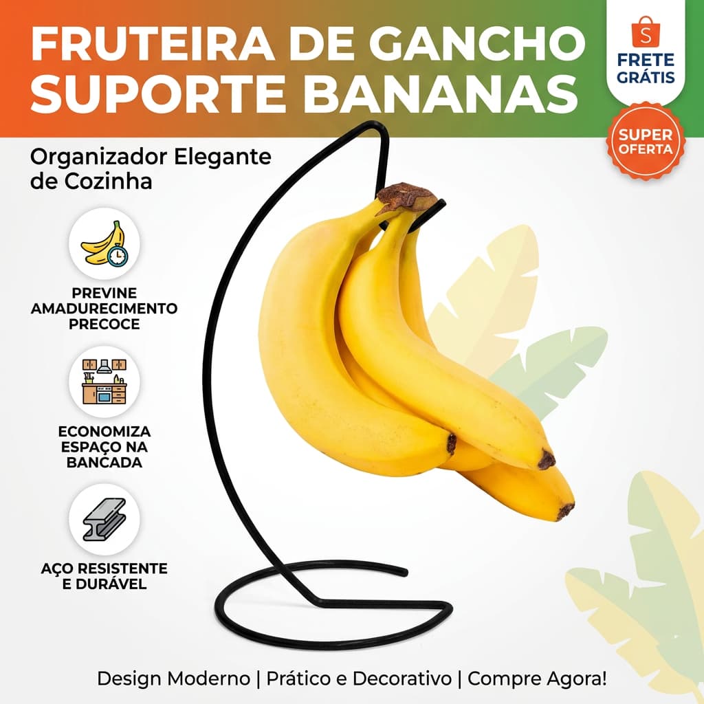 Suporte para Bananas de Mesa Aço Preto Porta Banana Fruteira Suspensa Organizador Cozinha