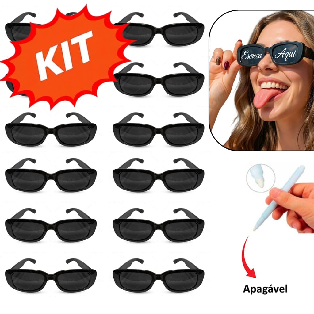 Kit 20/10/ 5 Oculos Vintage Retro Preto Liso + Caneta Giz Festa Casamento Despedidas