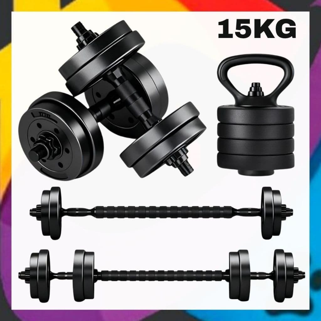 Kit 15kg - Halteres, Anilhas, Barras e kettlebell Ajustáveis - Treino em Casa Musculação