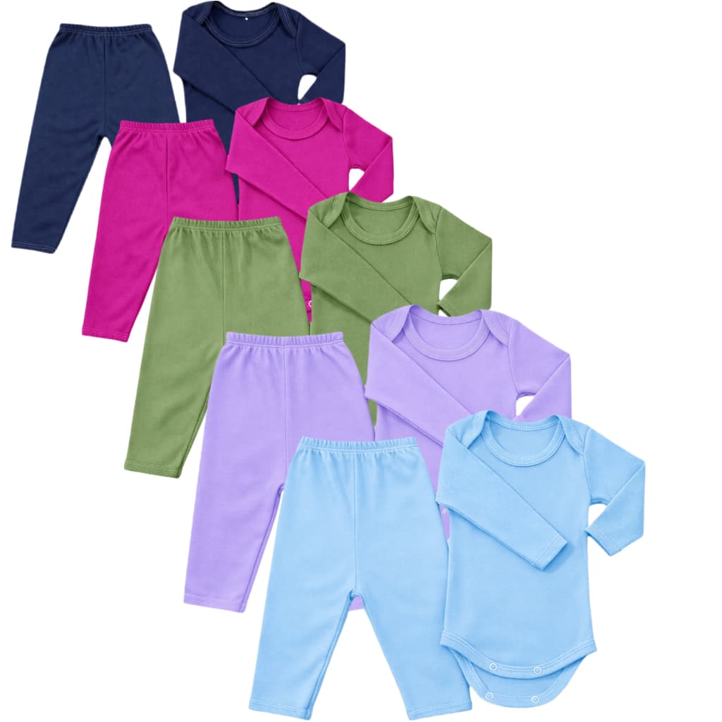 Kit 4 Peças Body Manga Longa + Mijão – Bebê Menina e Menino | Infantil Tecido Canelado