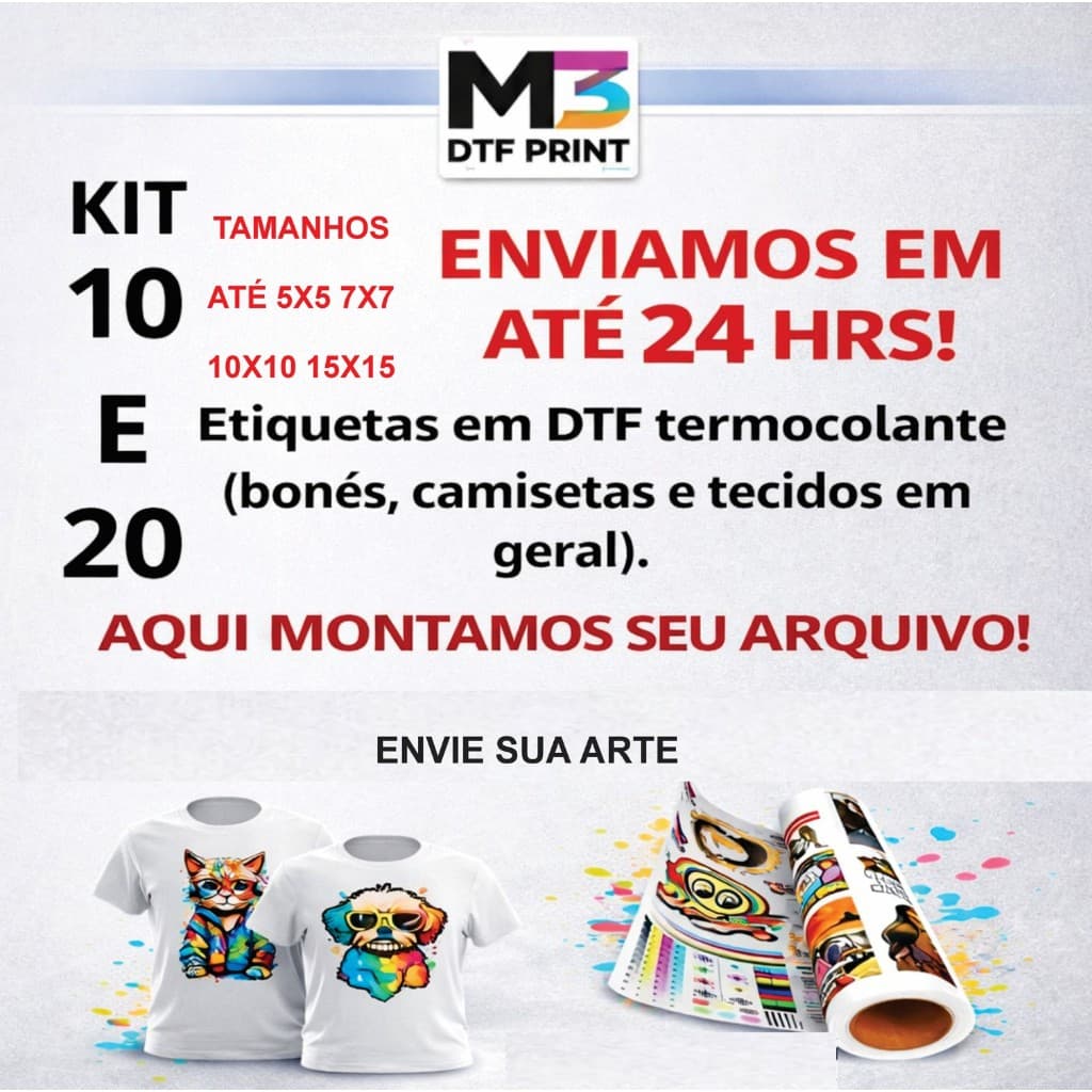 kit 10 ou 20 estampas DTF textil facil aplicar em tecidos  c/ferro de passar uniforme camiseta logo