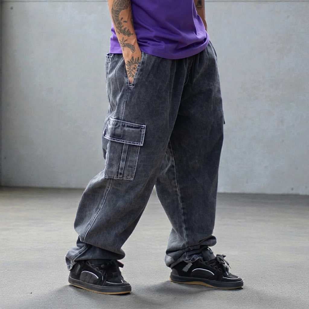 Calça Cargo Estonada Jeans Retrô Preto Streetwear