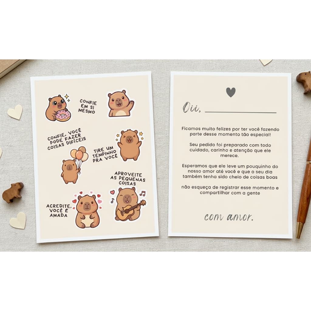 Cartão Motivacional Fofo de Capivara 10x14cm | Presente Criativo | Cartão de Agradecimento c/ Carinhoso Pequenos Negócio