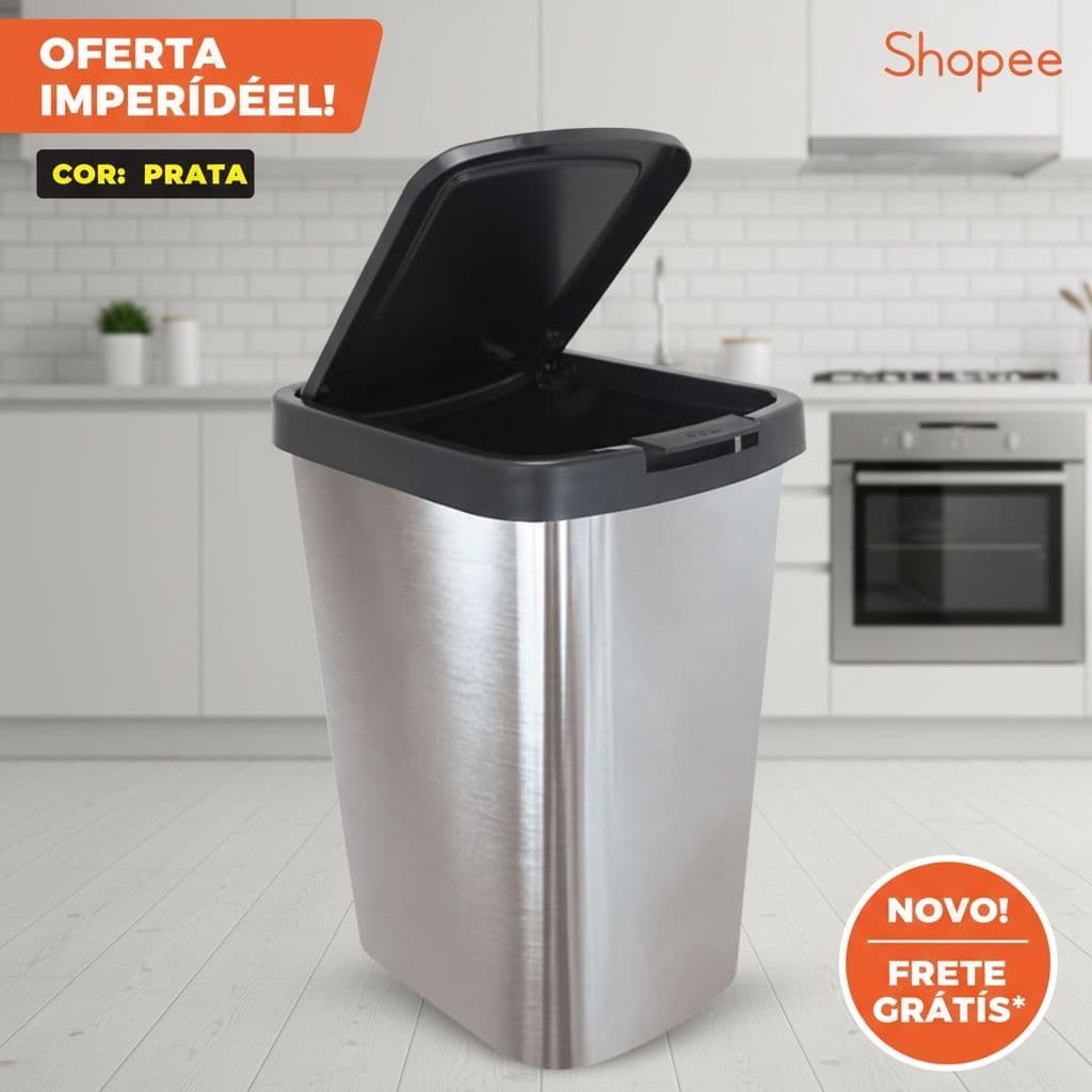 Lixeira Cesto 09 Litros | Design Tipo Inox Com Tampa Click Label | Lixeira Escritório Lixeira Banheiros