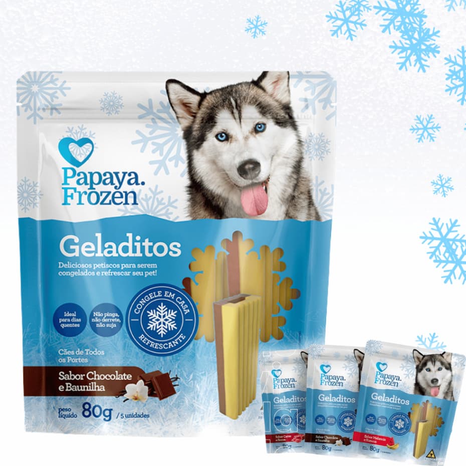 Petisco Refrescante Snack Gelado Papaya Pet Frozen Geladitos 80g p/ Cães, Cachorros - Vários Sabores