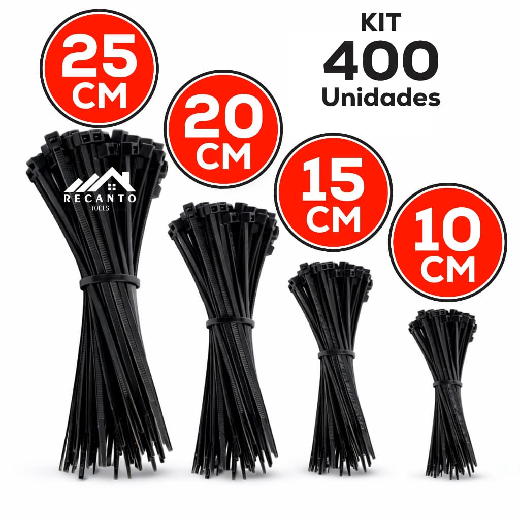 Kit 400 Abraçadeira de Nylon Enforca Gato Braçadeira Cintas Plásticas 10cm - 15cm - 20cm - 25cm - Preta | Branca