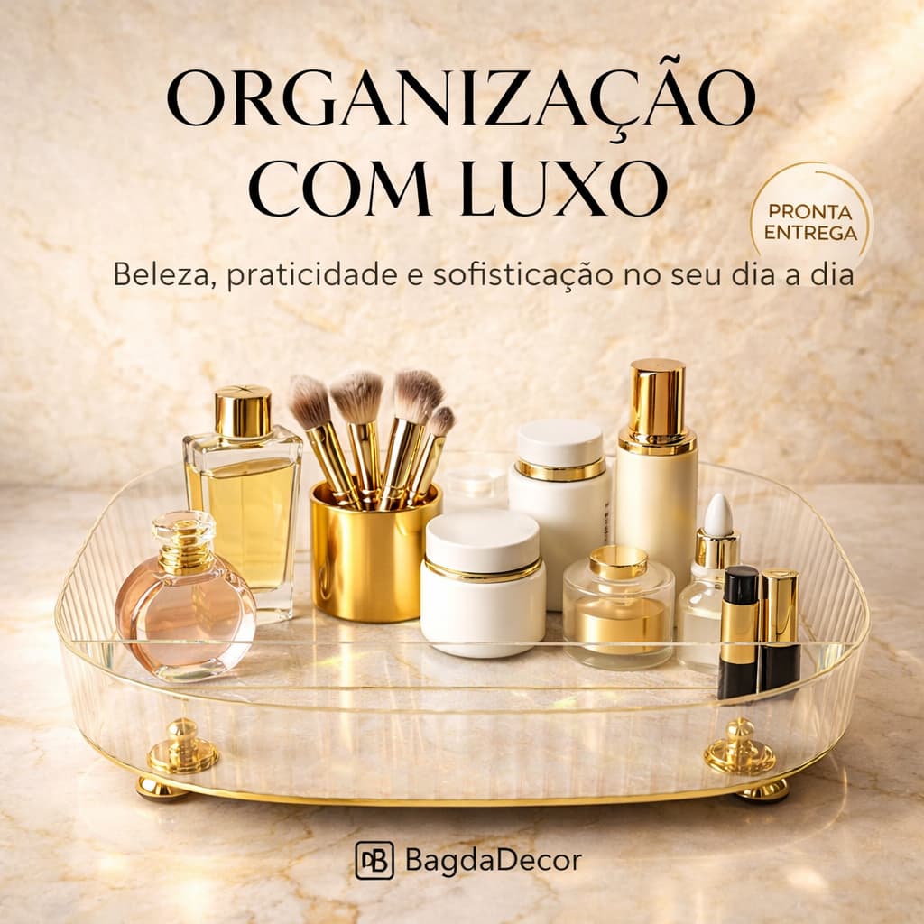 ✅Bandeja Acrílica com Pés Dourados | Organizador de Maquiagem, Perfumes, Joias e Cosméticos🔝