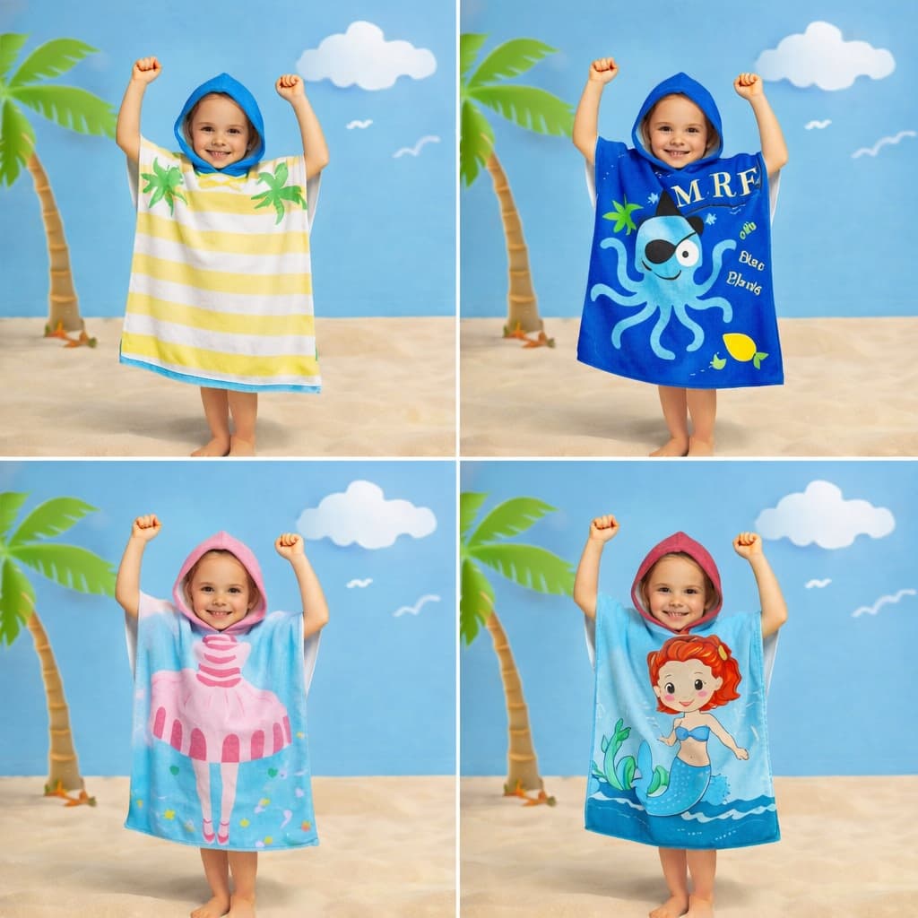 Toalha Poncho Infantil com Capuz Menina e Menino Personagens Divertidos