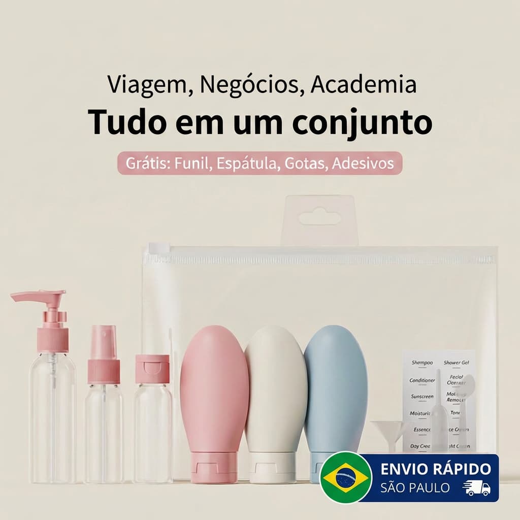 Kit Viagem 11 Peças Frascos Silicone Transparente Necessaire Avião Shampoo Creme 80ml