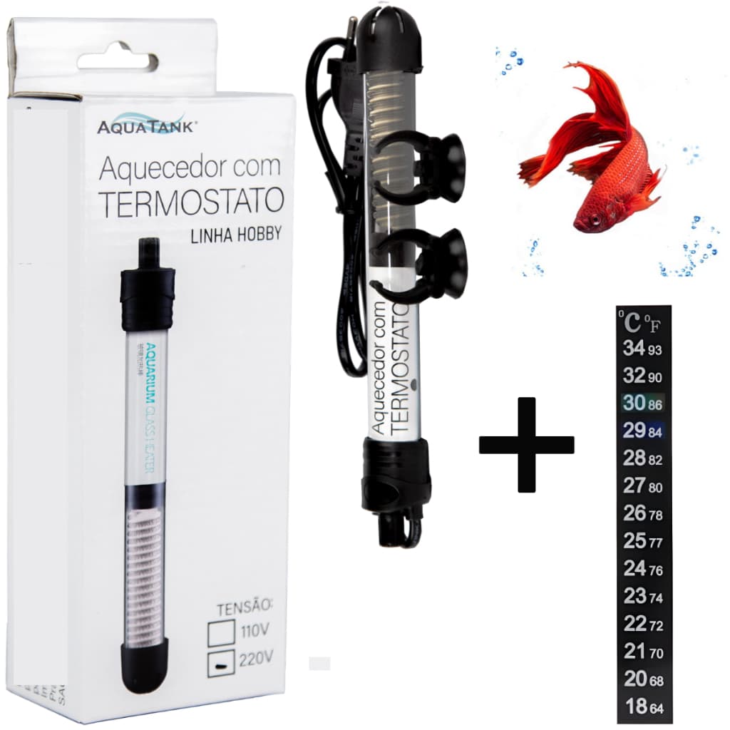 TERMOSTATO AQUECEDOR 50W AQUARIO ATÉ 50 LITROS + TERMOMETRO MEDIDOR DE TEMPERATURA AQUATANK HOBBY