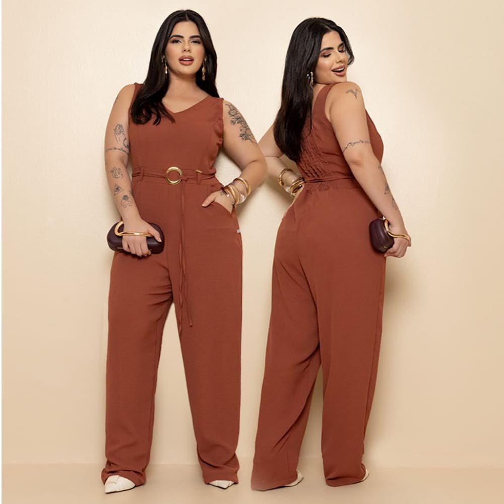 Macacão Longo Feminino Plus Size Duna Premium Chique Forrado Sem Mangas Com lástex Bolsos Funcionais