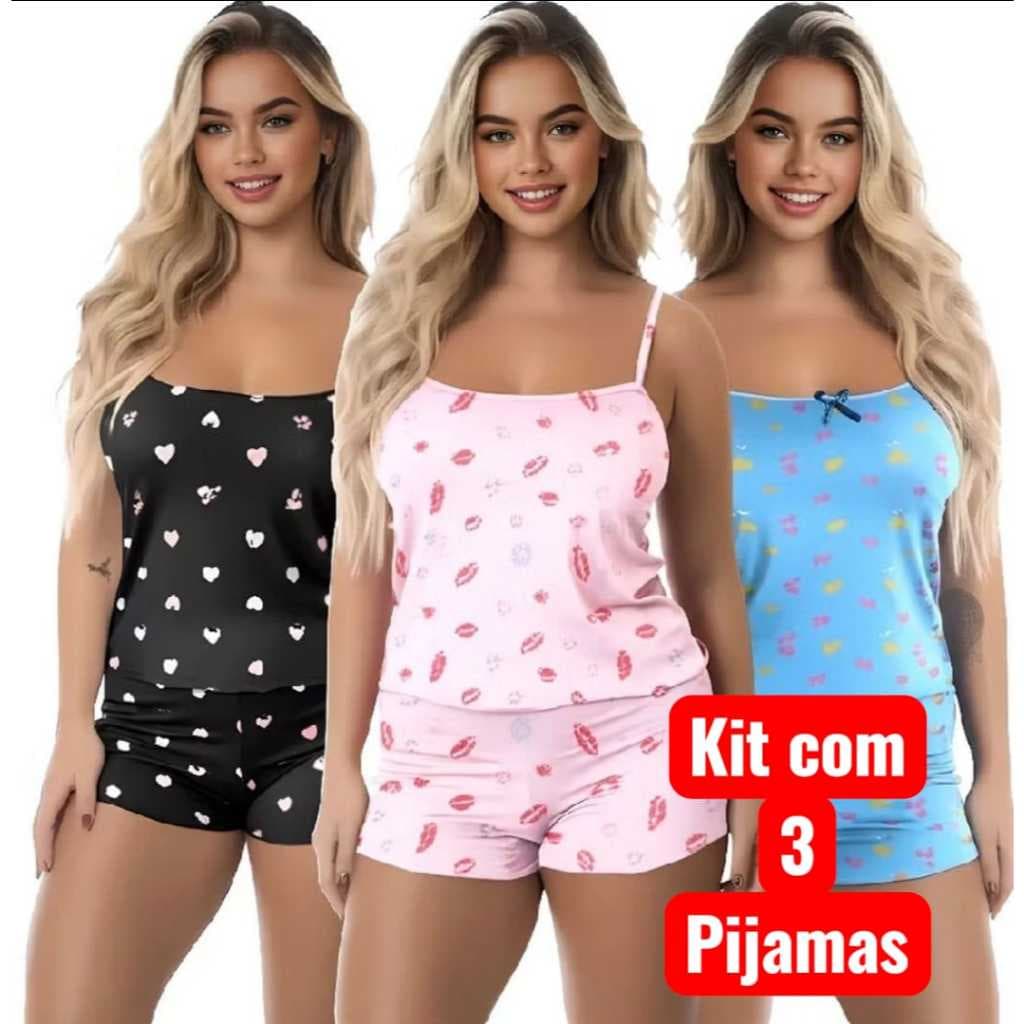 KIT 3 PIJAMAS BABY DOLL FEMININO LINGERIE CONFORTÁVEL TECIDO LEVE E FRESCO -- SUPER PROMOÇÃO --