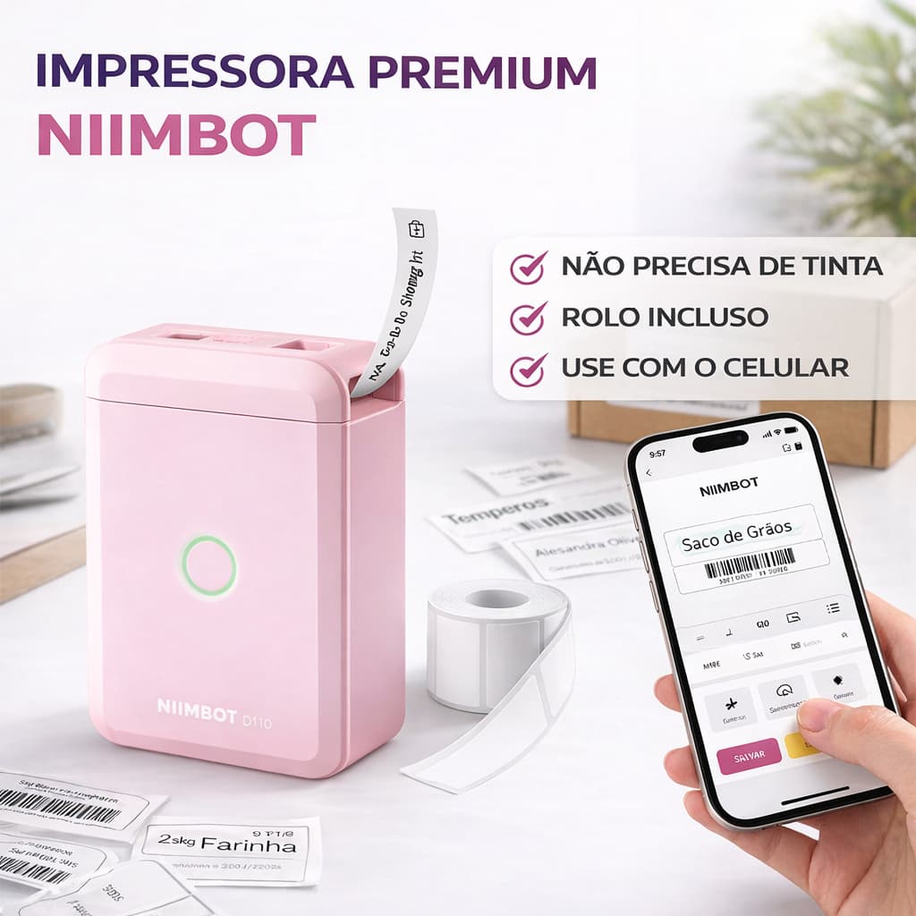 Impressora Niimbot D110 Rosa Térmica de Etiquetas Térmicas Premium Bluetooth Premium
