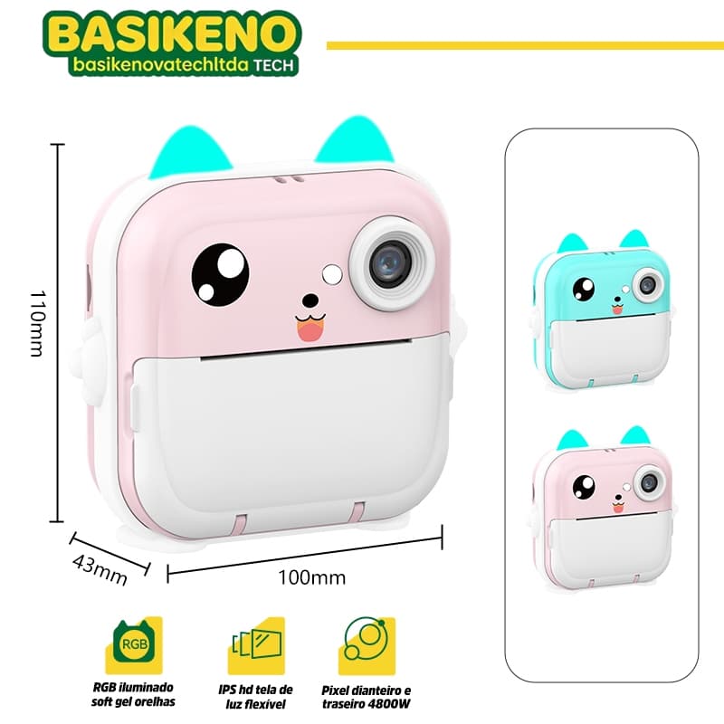 BASIKENO Câmera Infantil com Impressão Instantânea 5em1 Sem Tinta - APP Fun Print Multifuncional Presente de Aniversário