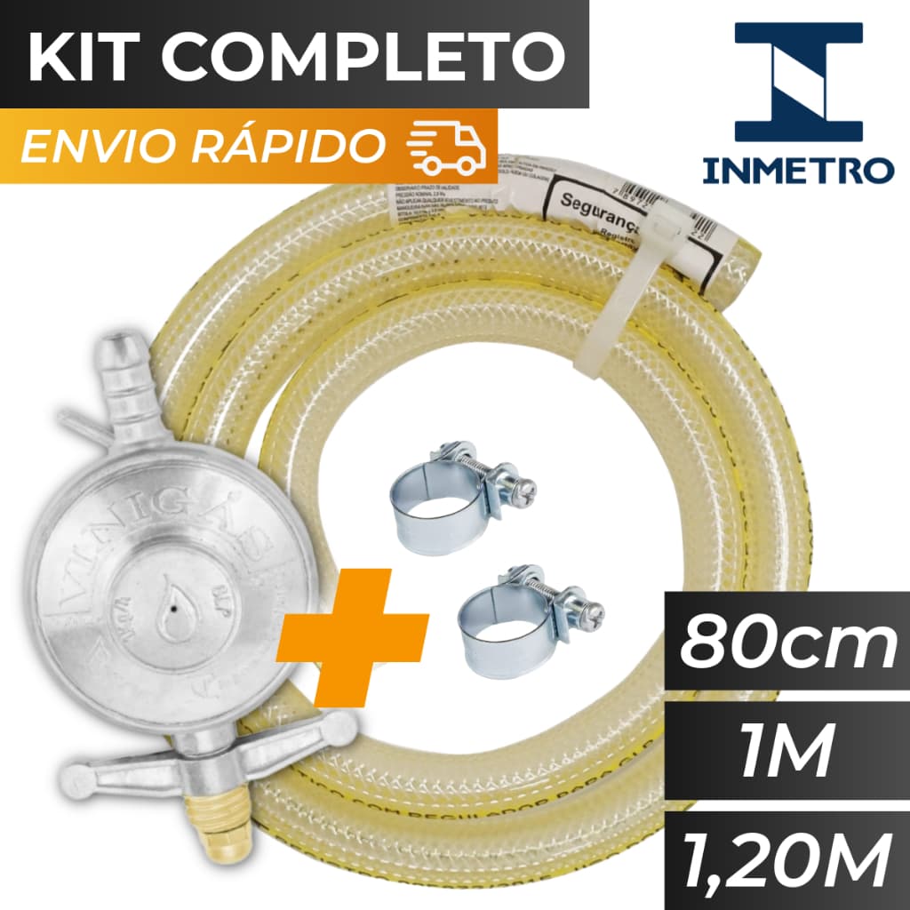 Kit Gás: Mangueira  Metro + Registro Regulador Cozinha 2 Braçadeiras Instalação Botijão Fogão Glp