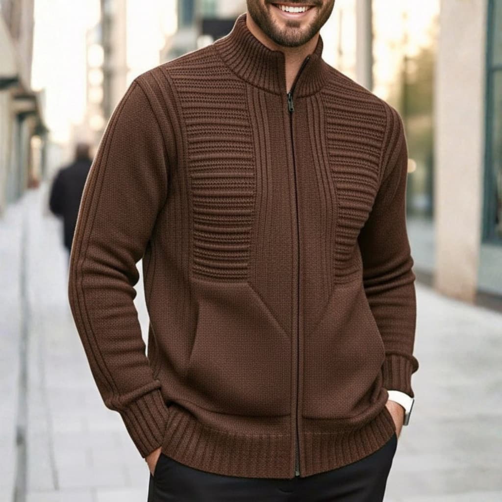 Casaco Masculino Inverno Jaqueta Masculina Marrom Com Zíper E Bolso Lã Tricot