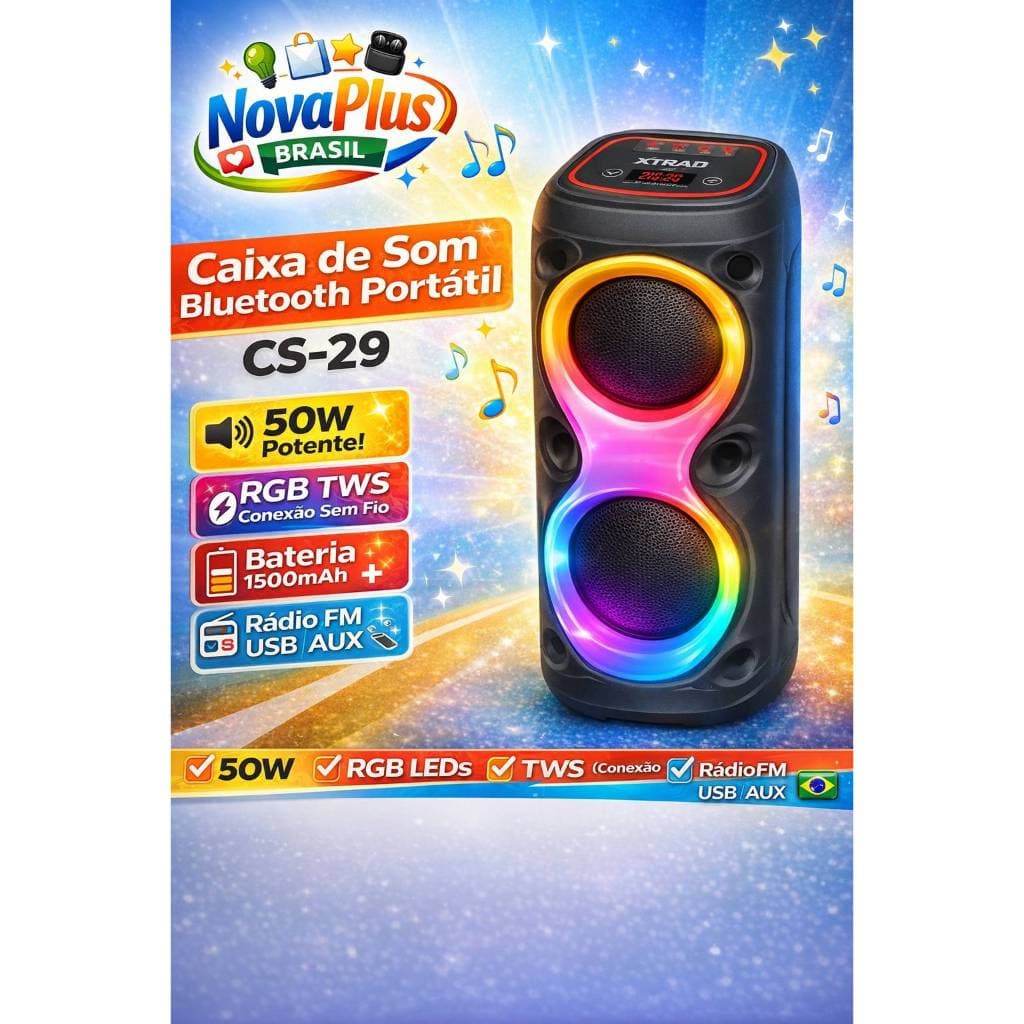 Caixa de Som Bluetooth Portátil 50W RGB TWS Sem Fio CS-29 com Rádio FM USB Aux Bateria 1500mAh