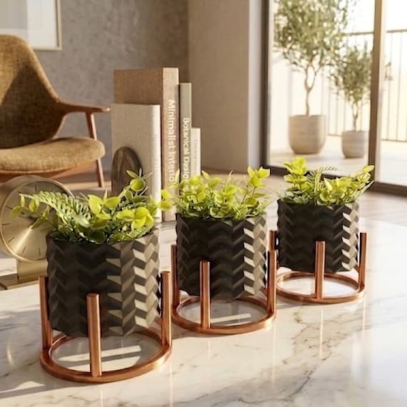 Kit 3 Vasinhos Cachepô Moderno com Suporte para Suculentas e Cactos Planta Artificial