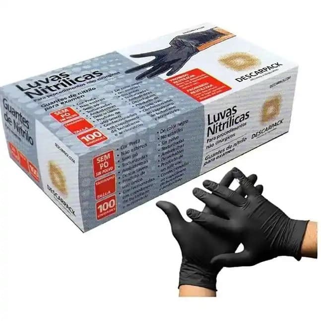 Luva Nitrílica Preta Descartável Sem Pó Resistente 100 Unidades