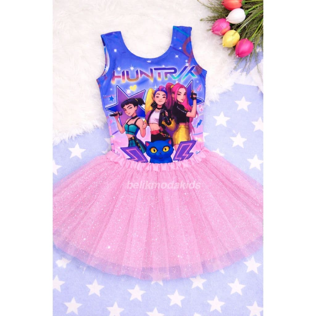 Conjunto Infantil Kpop Body Huntrix + Saia De Tule Gliter Fantasia 2 Ao 8 Personagem Anime Guerreiras Blogueirinha Festa