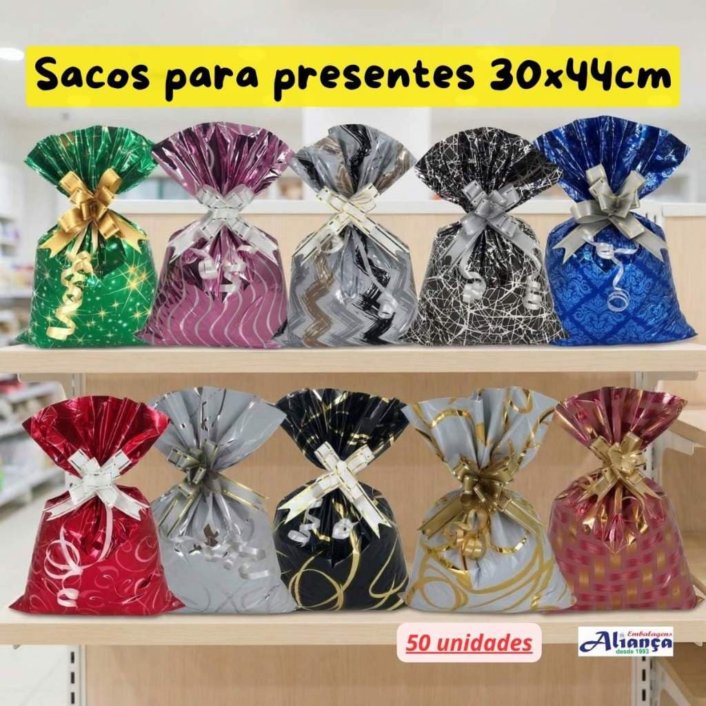 50 Sacos de presente 30x44cm Metalizados Embalagem para presentes