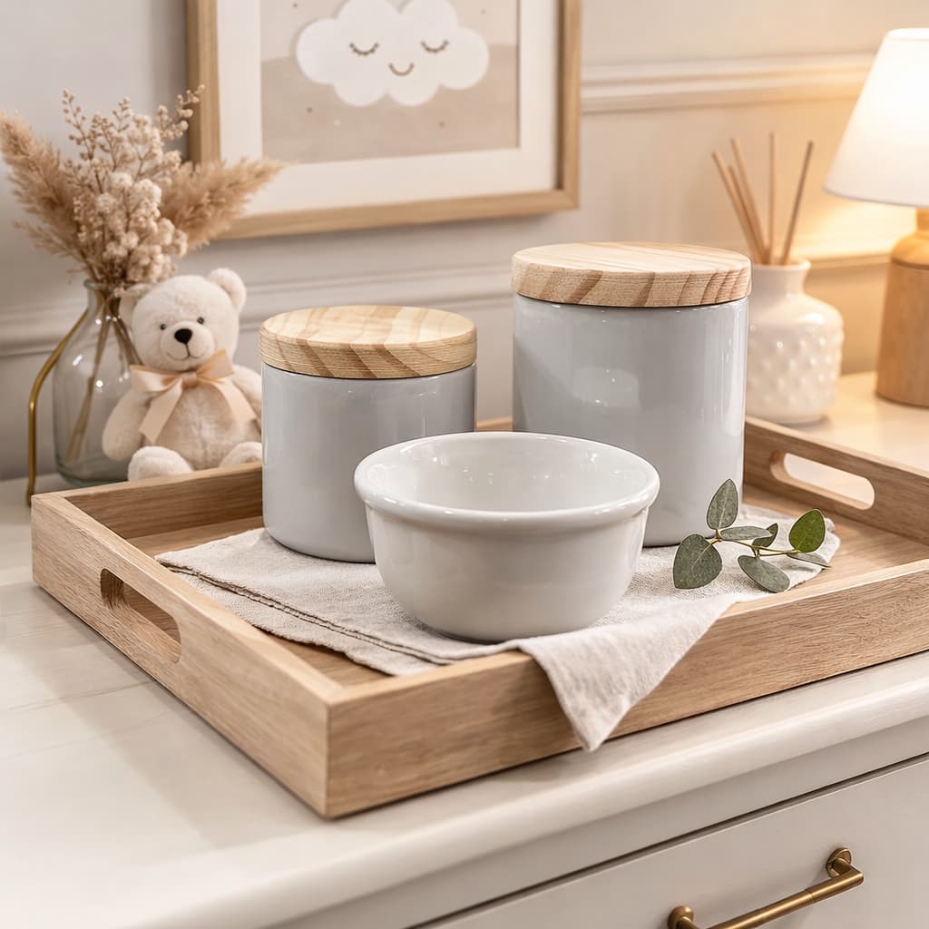 Kit Higiene Bebê 3 Peças com Potes e Molhadeira Porcelana Branca com Tampa de Madeira