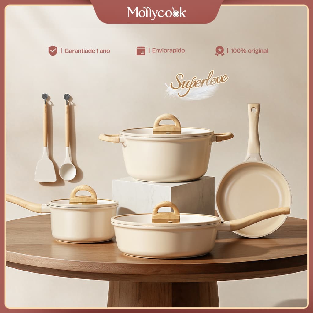 Mollycook Jogo De Panelas 6 Peças Antiaderente Cerâmica Com Colher/Espátula Indução Gás Frigideira Caçarola Linha Molly