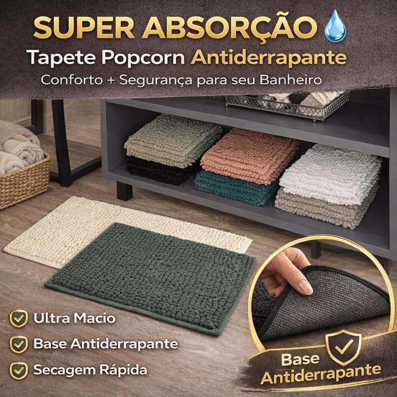 Tapete para Banheiro com Antiderrapante de Alto Padrão Popcorn - Várias Cores e Tamanhos