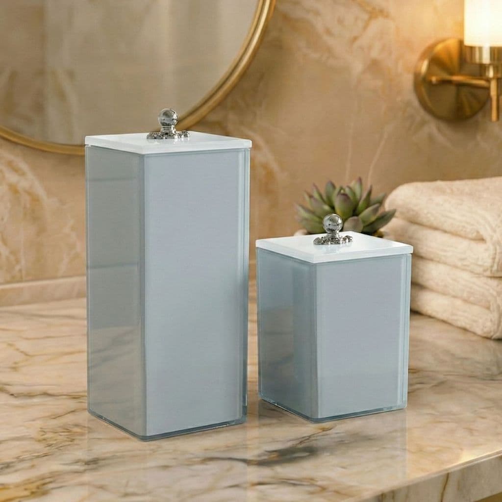 Kit Porta Escova Dente De Vidro C/ Tampa 20x7 + Porta Algodão De Vidro  10x7 Luxuoso Elegante