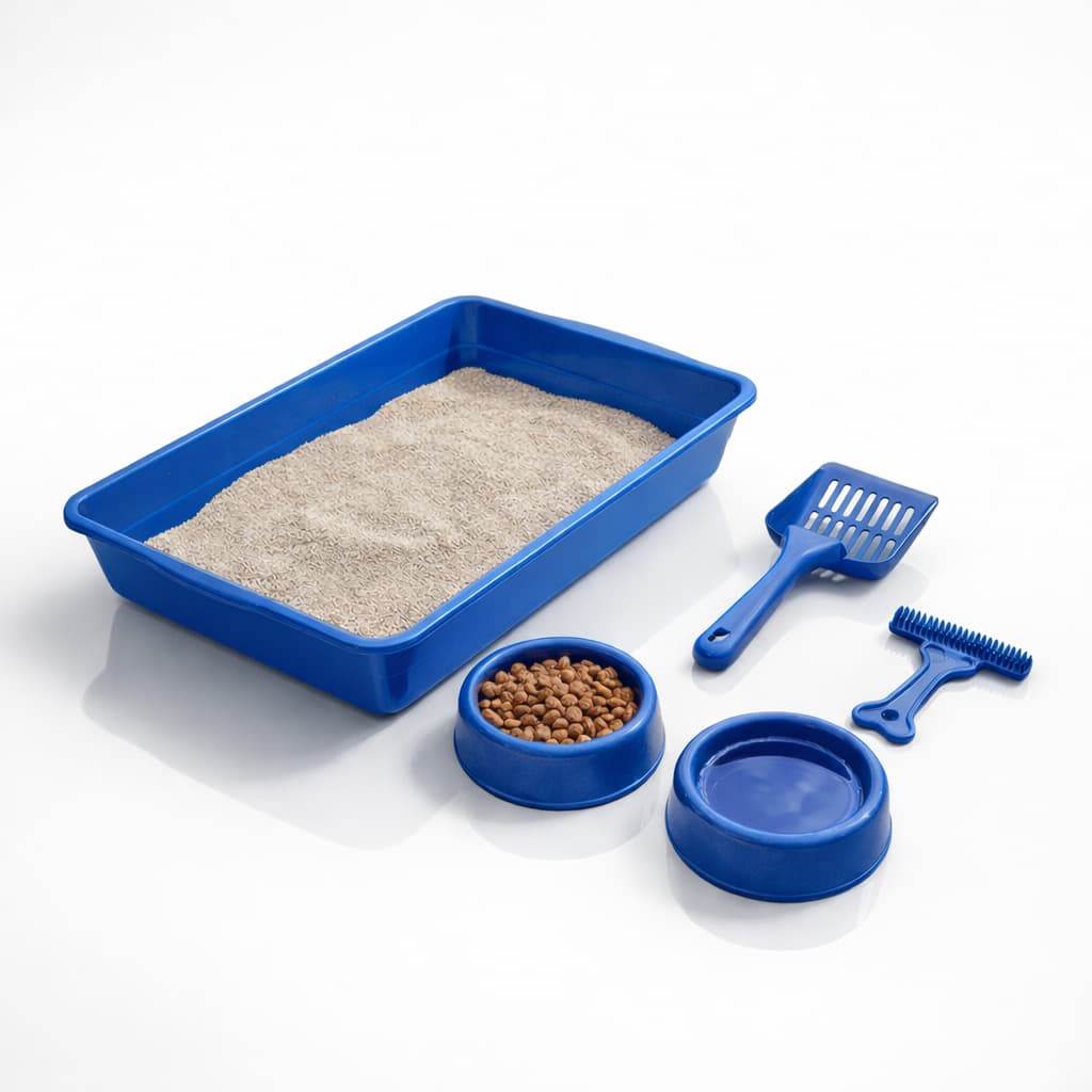 Kit Caixa de Areia para Gatos Bandeja Comedouro e Pá Higiênica Pet Mais Rastelo